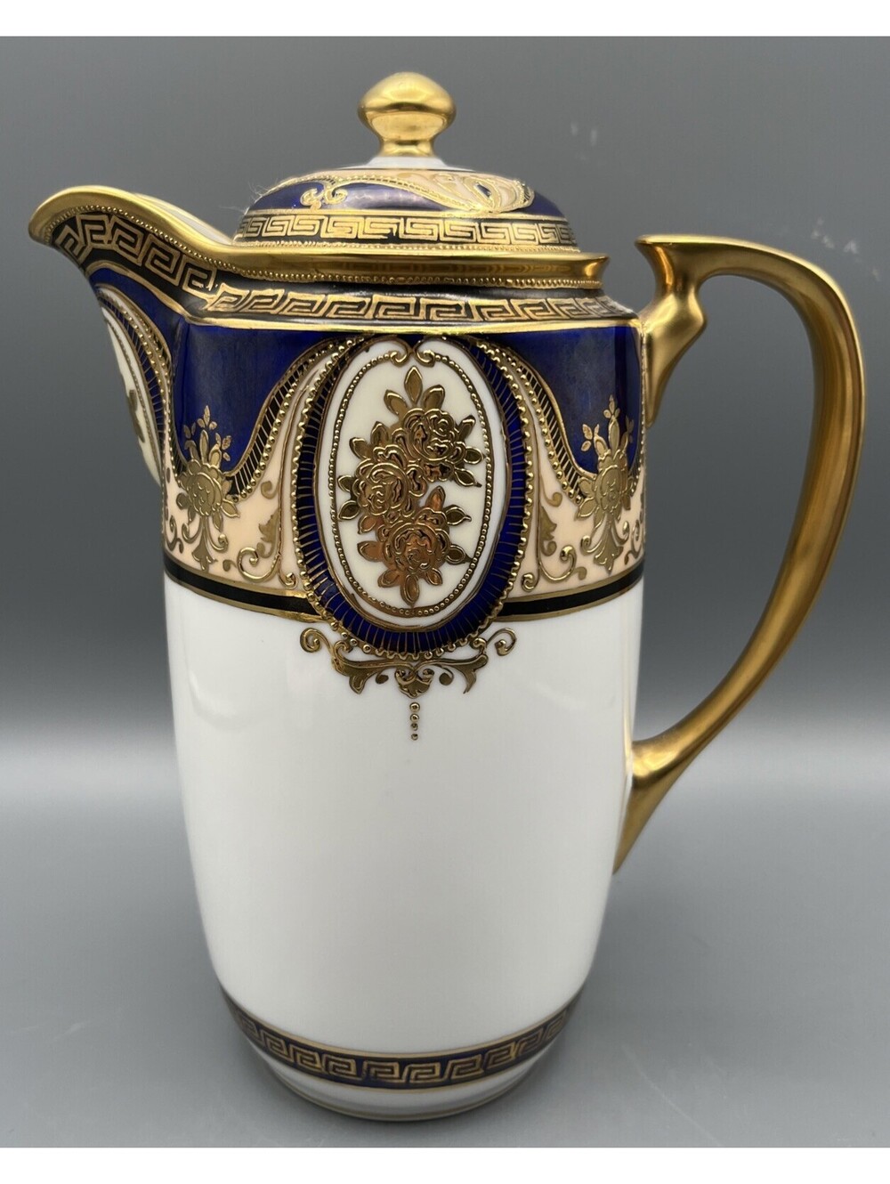 Rare Noritake Cobalt & Gold Ornate Neoclassical Coffee Pot Greek Key Porcelain